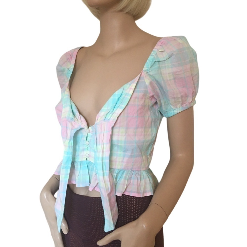 NORDSTROM ABOUND Blouse Pretty Pastel Plaid Tartan Cotton Top Front Bow Tie - Picture 7 of 11